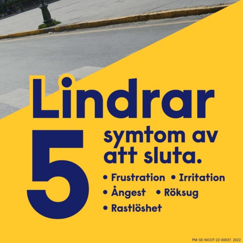 En gul och blå infographic som visar fem symtom på Lindrar: frustration, irritation, ångest, hosta och rastlöshet.