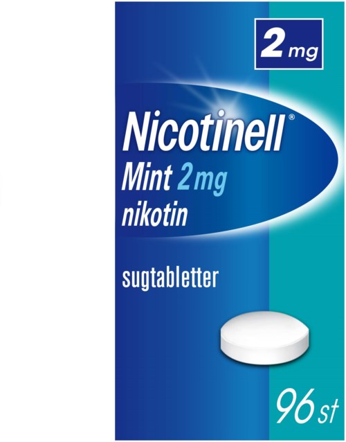 En ask med Nicotinell minttabletter för att sluta röka, visar 96 sockerbelagda tabletter och 2 mg nikotin.