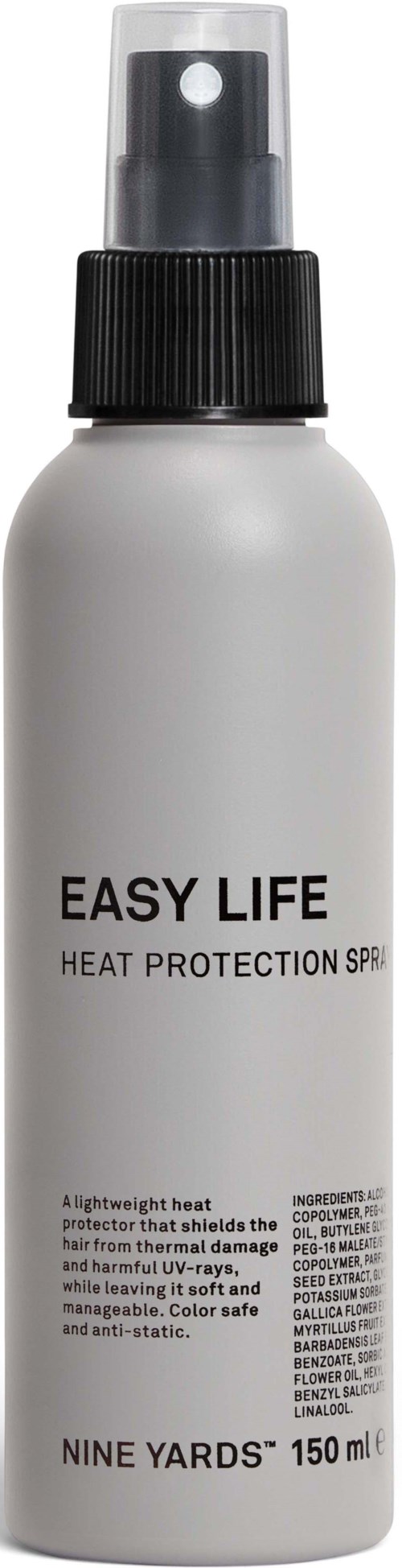 Biała butelka spray o pojemności 150 ml oznaczona 'Easy Life Heat Protection SPF' od Nine Yards. Funkcjonalny design.