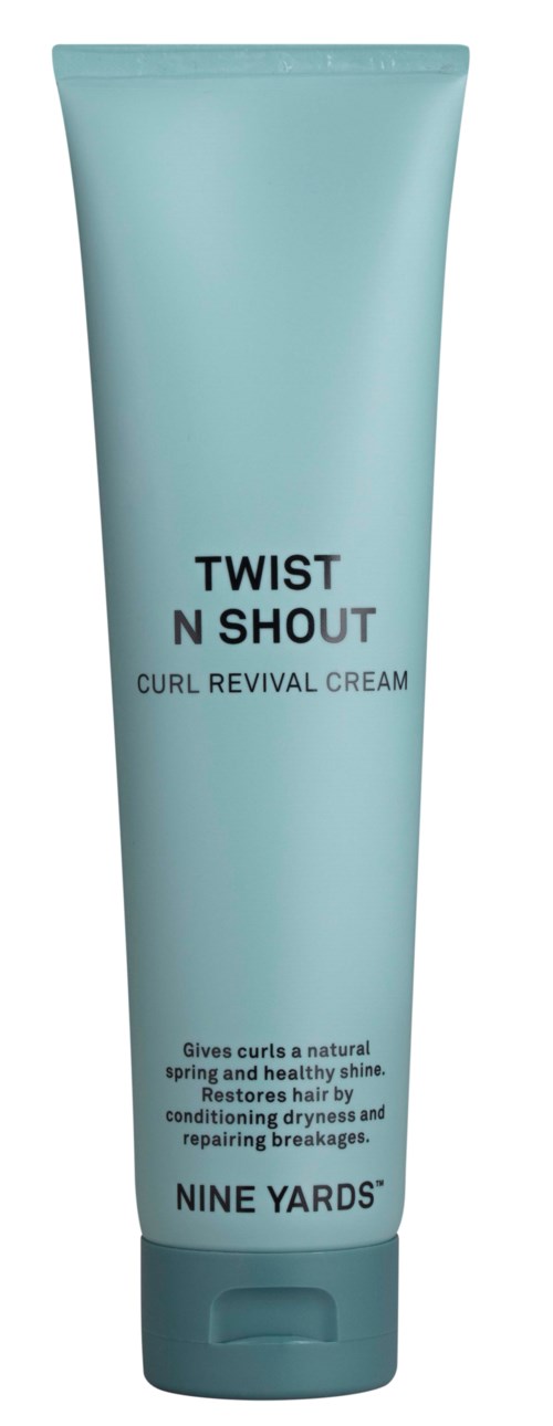 Jasnoniebieska tubka z napisem "Twist N Shout Curl Revival Cream" od Nine Yards, przeznaczona do pielęgnacji włosów.