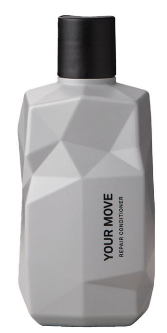 Biały butelka z czarną nakrętką oznaczona "YOUR MOVE" odżywka i odnowa, geometryczny design, prosty i nowoczesny.