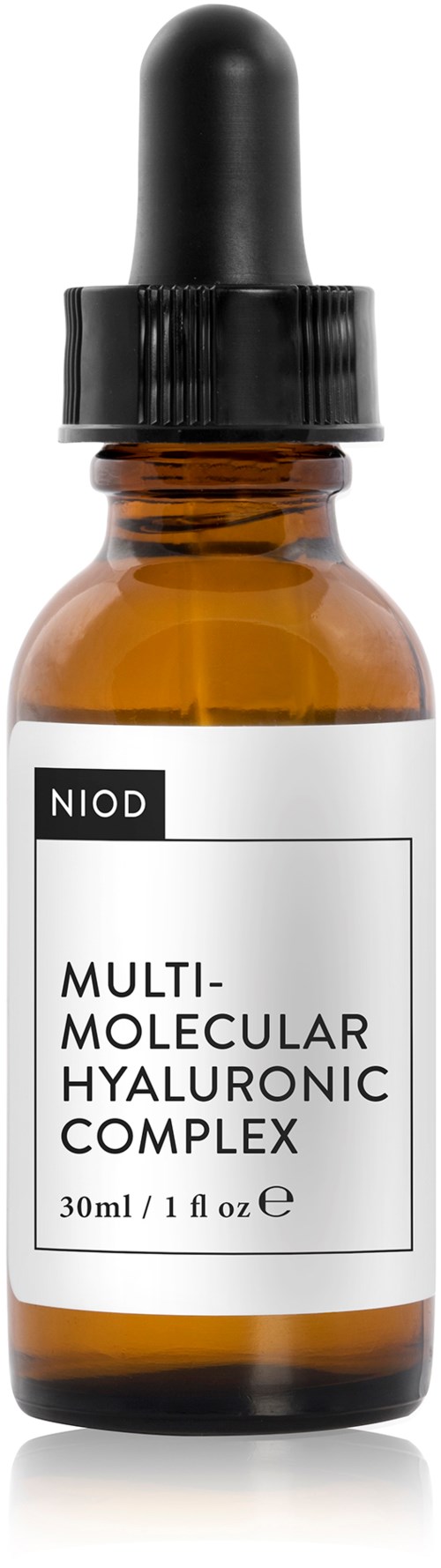 Bägare av amberfärgad glas med pipett, märkt 'Multi-Molecular Hyaluronic Complex' från NIOD.