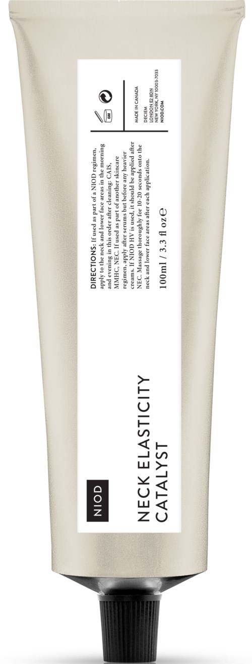 En hvit tube merket 'Neck Elasticity City Catalyst' med tekst om produktdetaljer. Svart hette nederst.
