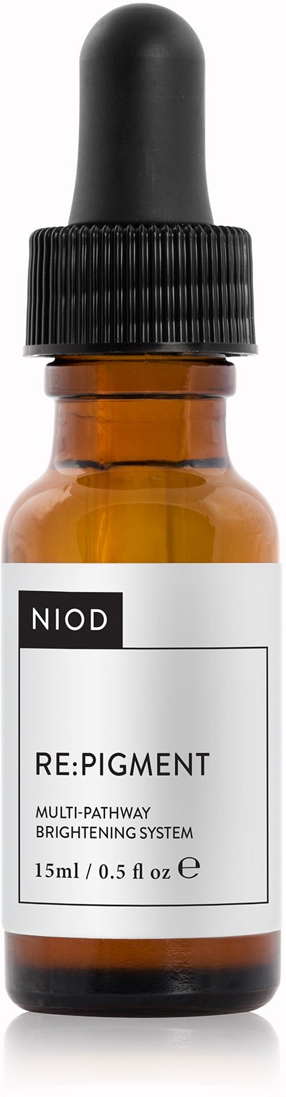 Honningfarget flaske med svart dråpetrekk som er merket 'NIOD RE:PIGMENT' for hudopplysning. Inneholder 15 ml.