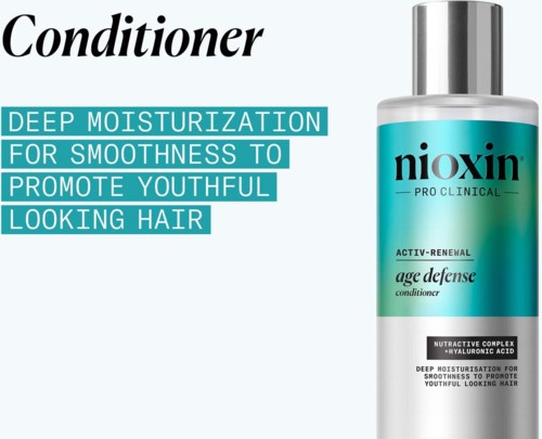 A bottle of Nioxin hair conditioner with a label promoting deep moisture and youthful hair. The bottle is silver and blue.