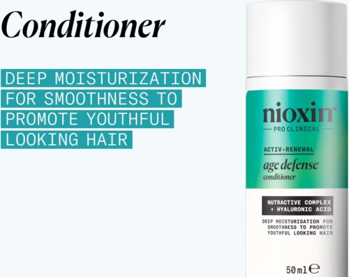 Een fles Nioxin conditioner met tekst die diepe hydratatie en jeugdig uitziend haar benadrukt.