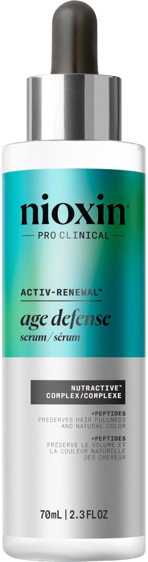 Een huidverzorgingsserum in een witte fles met pipetdop, labeled 'Nioxin Age Defense' voor haarbescherming.