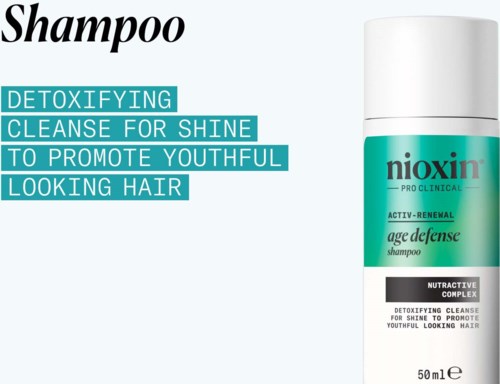 Valkoinen shampoopullo, jossa lukee 'nioxin', sisältää tekstiä, joka mainitsee detoksifioivan ja nuorekkaan näköisen hiuksen.