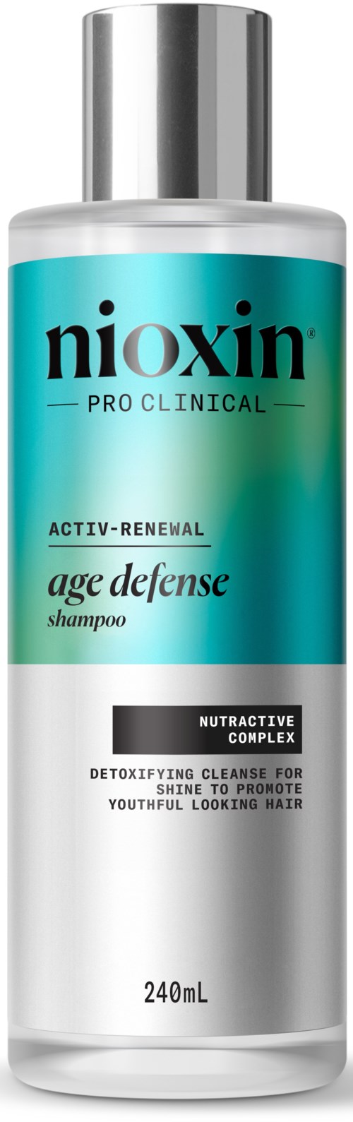 Een zilveren en turquoise fles Nioxin shampoo met leeftijdsverdediging en haarontgifting.