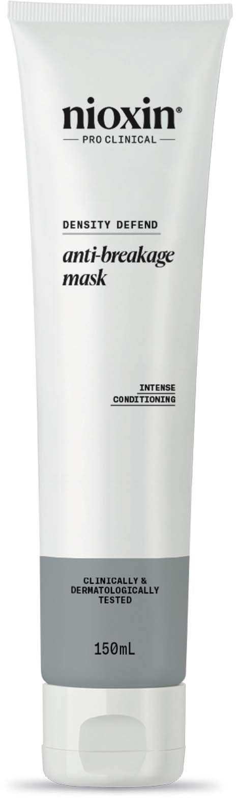 Een witte tube Nioxin anti-breuk masker, met zwarte en grijze tekst, bevat 150 ml haarverzorgingsproduct.