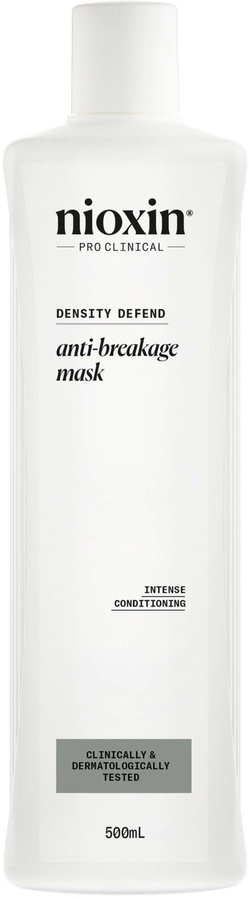 Witte fles van Nioxin anti-brekagemasker met zwarte en grijze tekst, 500 ml, voor haarverzorging.