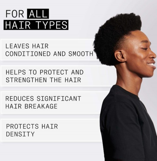 Tekst beschrijft voordelen van een haarproduct voor alle haartypes, bevordert gezond, sterk haar en vermindert breuk.