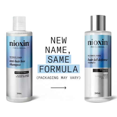Twee flessen Nioxin-shampoo, één tegen haarverlies en de andere voor haarverliesbescherming, met tekst over dezelfde formule.