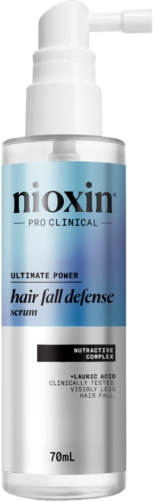 Een fles Nioxin Pro Clinical haaruitval preventieserum met spraydop, gemarkeerd voor haaruitvalbehandeling.