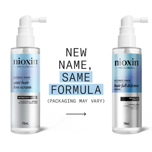 Twee flessen haarserum met een label en tekst die een nieuwe naam maar dezelfde formule uitleggen. Verpakking kan variëren.