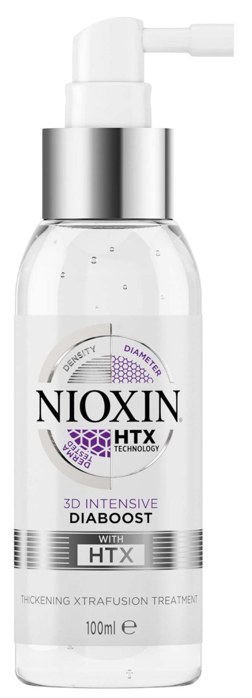 Läpinäkyvä pullo pumballa, merkinnällä Nioxin HTX, sisältää hiustenvahvistavan hoidon, 100 ml.