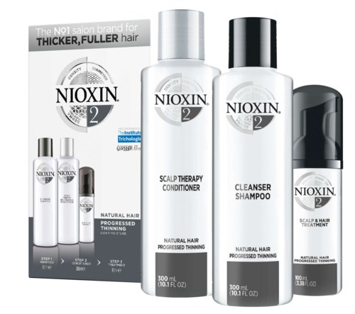 Det här är hårvårdsprodukter från Nioxin för tunnare hår: schampo, balsam, hårbottenbehandling och stylingprodukt.
