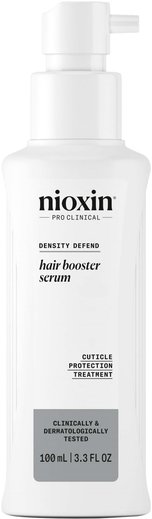 Een witte fles Nioxin haarbooster serum met pomp, gelabeld voor hoofdhuidbescherming en haargroei-ondersteuning.