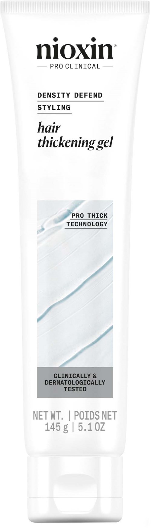 Witte tube Nioxin volumineusgel voor haarstyling met tekst en klein blauw ontwerp.