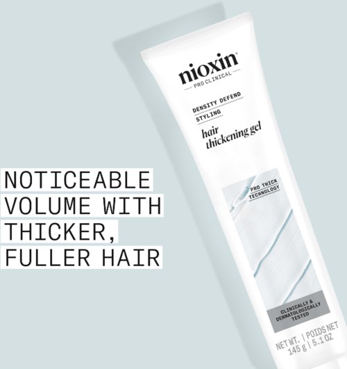Een tube Nioxin haarverdikkingsgel met tekst die volume en vollere haar benadrukt.