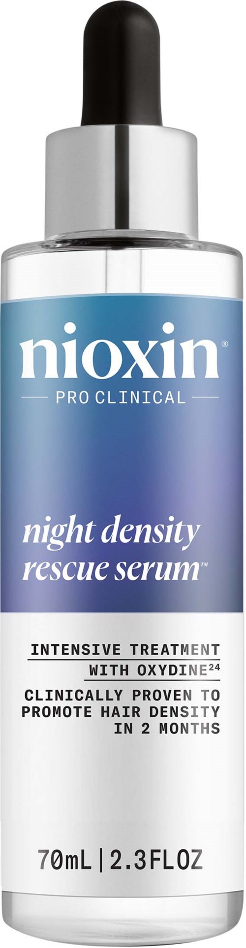 Een fles Nioxin nachtelijke rescue serum met pipet, bedoeld voor intensieve haarbehandeling, bevordert haardichtheid.