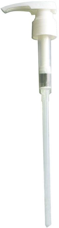 A white pump with a long tube, used for dispensing liquids, against a white background.