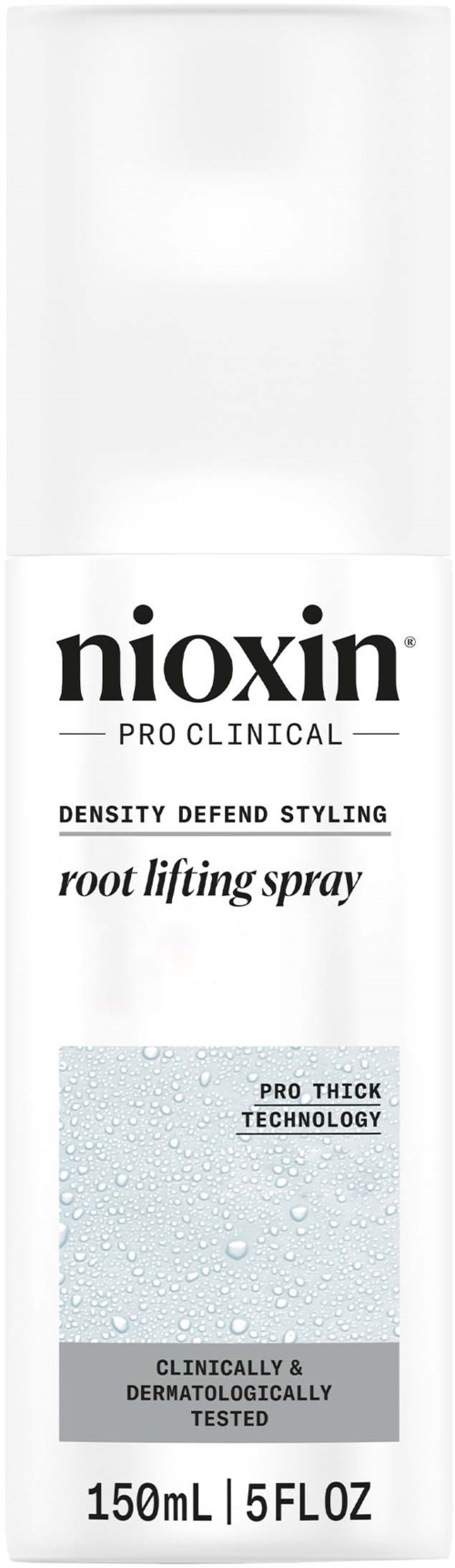 Een witte fles met zwarte en blauwe tekst, gelabeled Nioxin Pro Clinical Root Lifting Spray, 150ml, voor haarstyling.