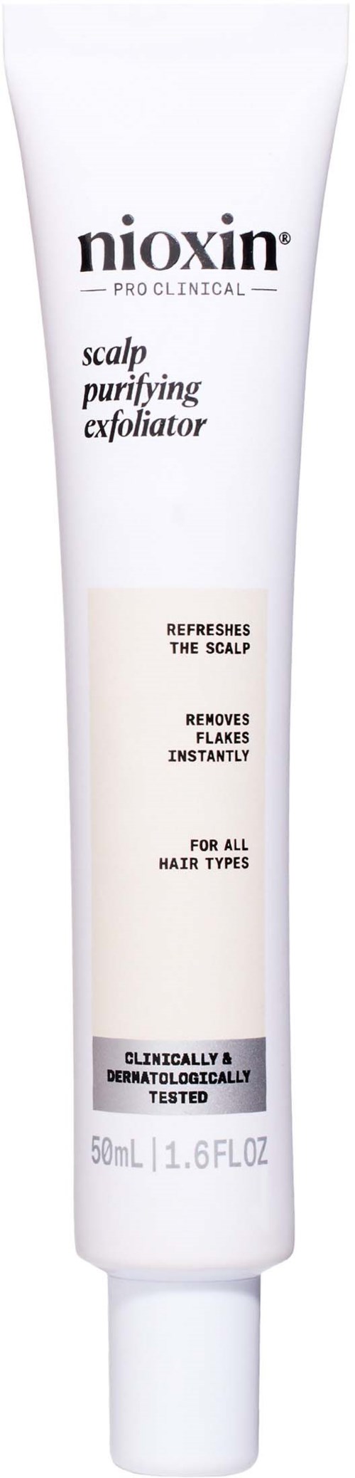 Nioxin hårbotten rengörande exfoliator i tub med svart text på vit bakgrund.