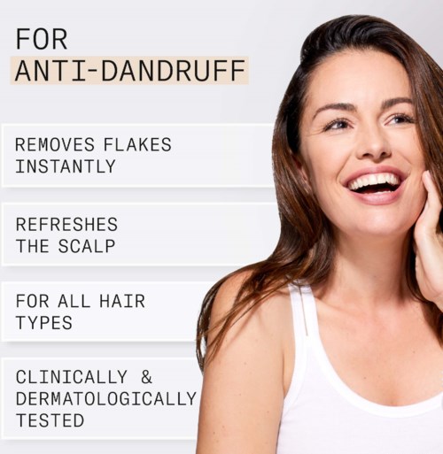 Text som beskriver produkts syfte och fördelar för anti-dandruff hårbehandling.