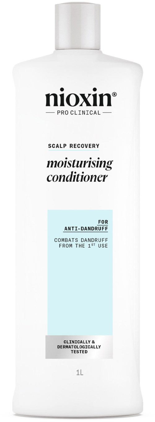 Een witte flacon met label Nioxin hoofdhuid herstel hydraterende conditioner, tegen roos, 1 liter, klinisch en dermatologisch getest.