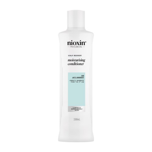 Een witte fles met etiket, die aangeeft dat het een hydraterende conditioner voor hoofdhuidherstel van Nioxin is.