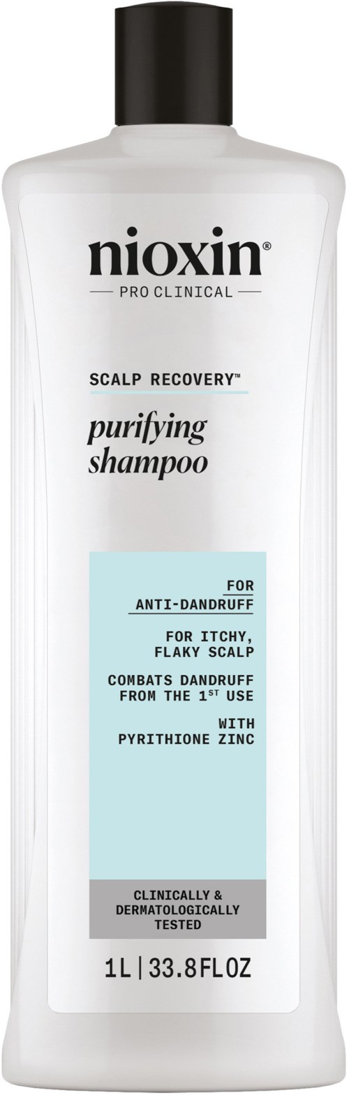 Witte fles met Nioxin zuiverende shampoo met zwarte dop, label over hoofdhuidherstel en rooscontrole, 1 liter.