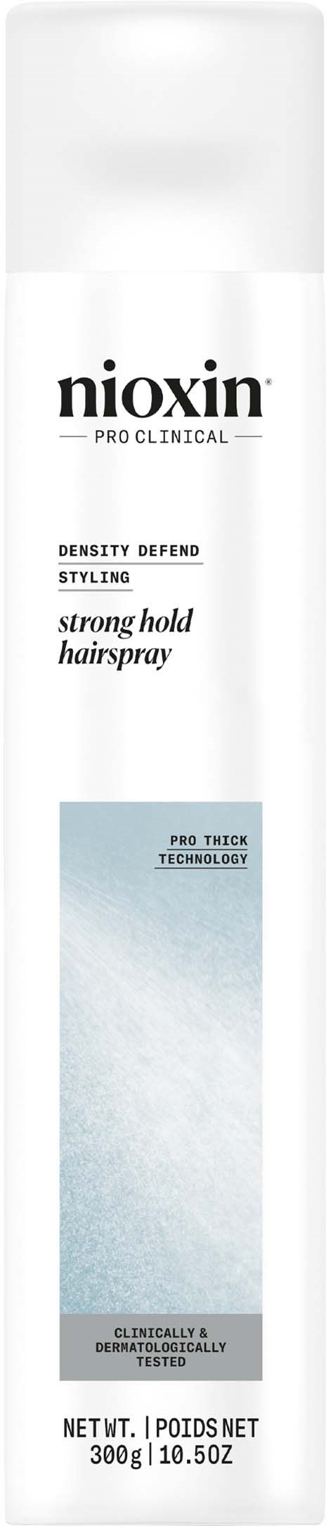 Een witte cilindervormige fles met label 'Nioxin' met productdetails voor sterk hold hairspray.