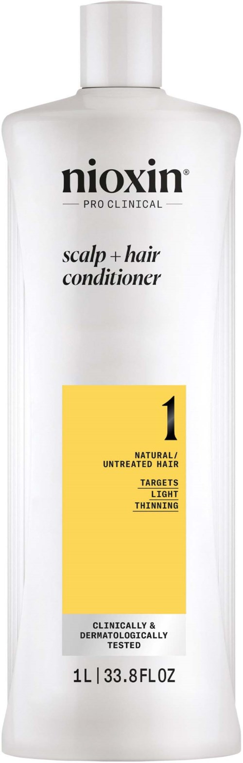 Een witte fles Nioxin hoofdhuid- en haarconditioner met gele label, geschikt voor natuurlijk, onbewerkt haar.