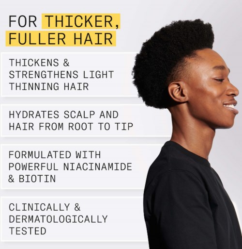 Tekst beschrijft haaraantrekkelijke voordelen: dikker, voller, sterker, glanzend, gehydrateerd, met niacinamide en biotine.