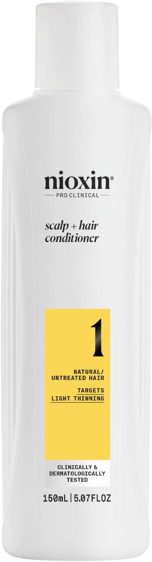Een witte fles met 'Nioxin Pro Clinical' en een gele vak, gericht op lichte dunner wordende haren. Het is een hoofdhuid- en haarconditioner.