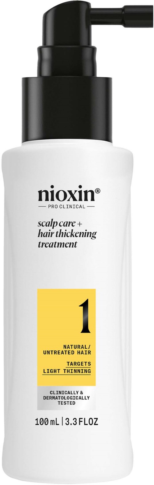 Een witte fles met zwarte pomp, gemarkeerd 'nioxin' voor hoofdhuidverzorging en haarverdikkingsbehandeling.