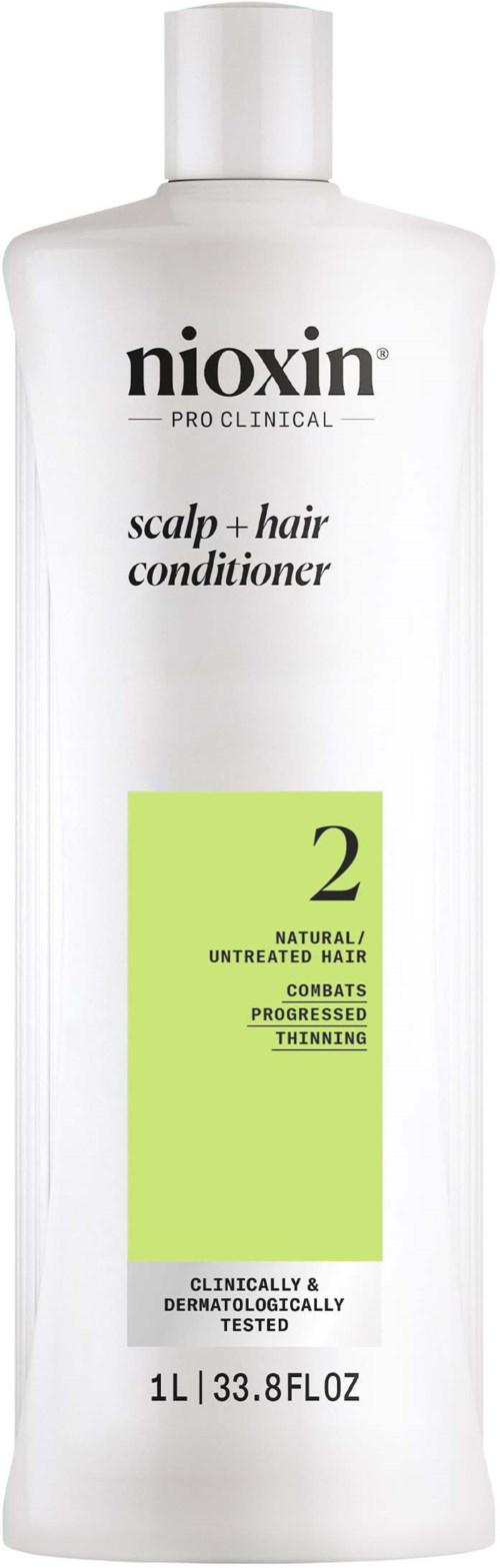 Een witte fles Nioxin hoofdhuid- en haarconditioner, gemarkeerd met groen nummer 2 voor natuurlijk, onbewerkt haar.