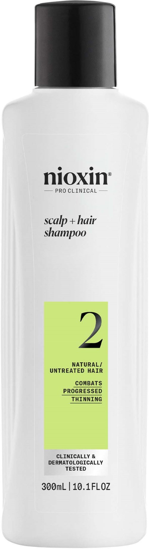 A white bottle of Nioxin scalp and hair shampoo with a black cap, labeled for untreated, thinning hair, size 300ml.