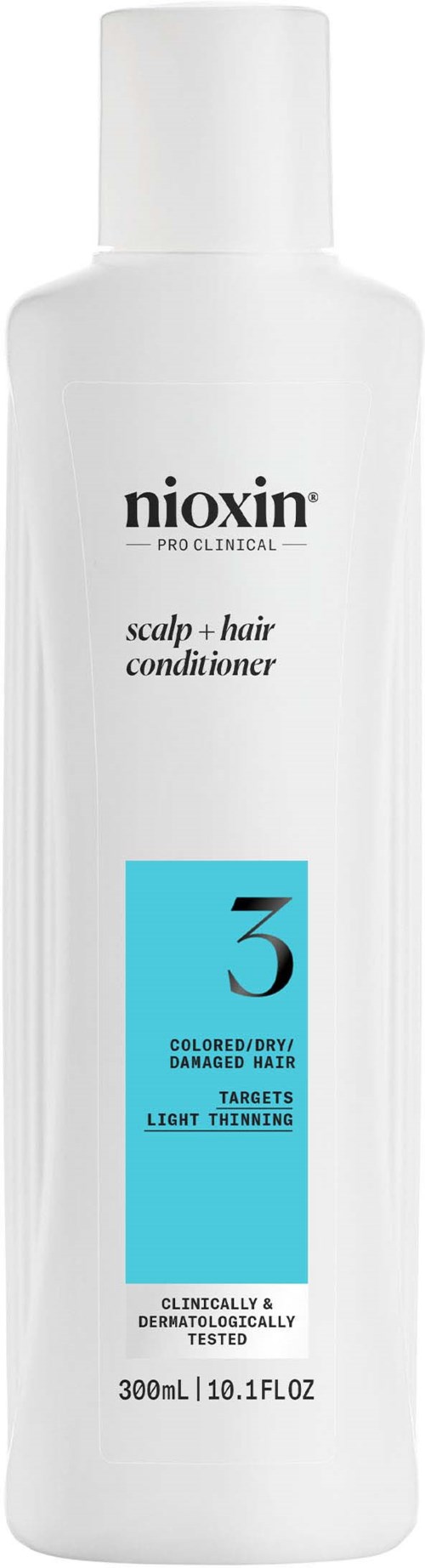 White bottle with black text, blue label showing number 3, used for hair conditioning and scalp care.