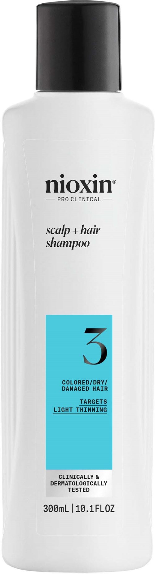 Een witte fles Nioxin hoofdhuid- en haarshampoo met zwarte dop, voor gekleurd, beschadigd en dun haar.