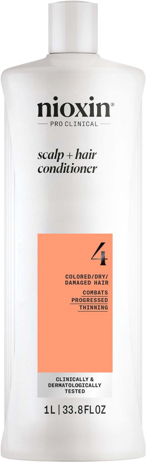 Een witte fles Nioxin hoofdhuid- en haarconditioner met een eenvoudig etiket, inclusief een roze deel met productdetails.