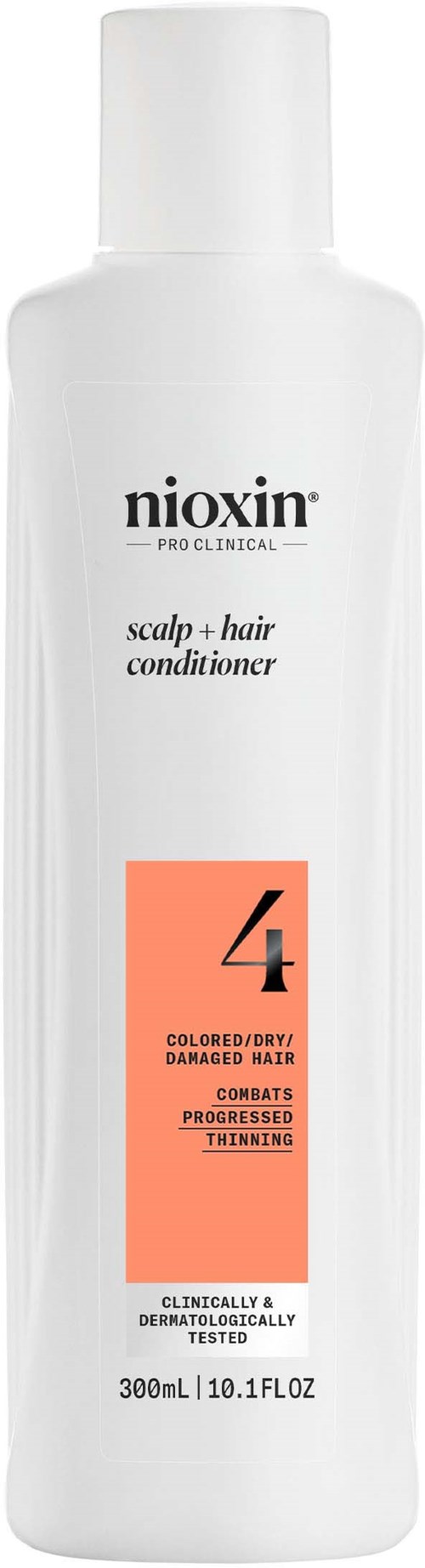 Een witte fles Nioxin hoofdhuid- en haarconditioner met oranje label, beschrijft haarvoordelen en volumetoename.