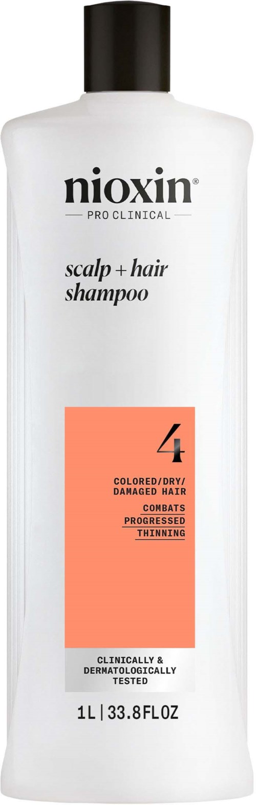 Een witte fles Nioxin hoofdhuid- en haarschampoo met zwarte dop, label toont behandeling van vet, beschadigd haar en bevordert haargroei.