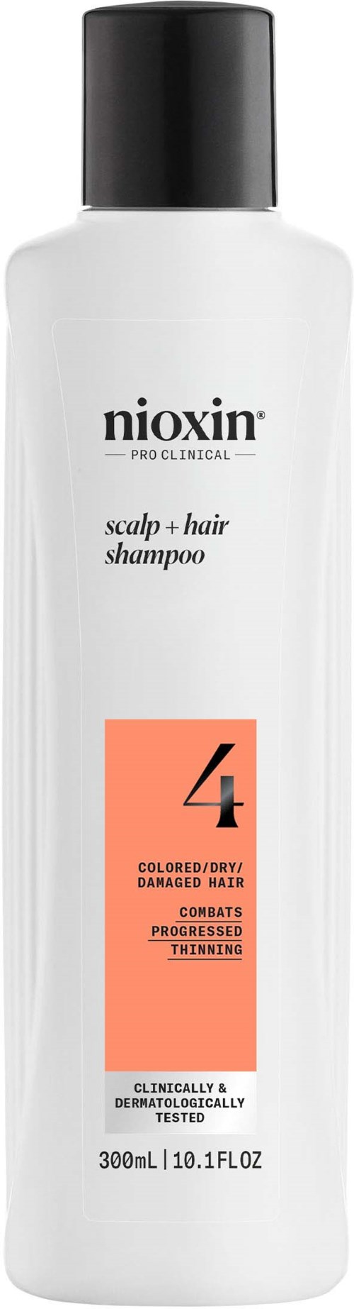 Een witte fles Nioxin-shampoo met zwarte dop, geschikt voor gekleurd, droog of beschadigd haar. 300ml.