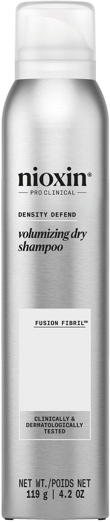 Een zilveren bus Nioxin volumiserende droogshampoo met een witte dop, bedoeld voor haarverzorging.
