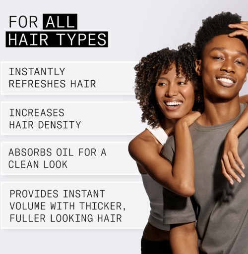 Tekst benadrukt voordelen van een haarproduct voor alle haartypes, met focus op verfrissing, dichterheid, olieabsorptie en volume.