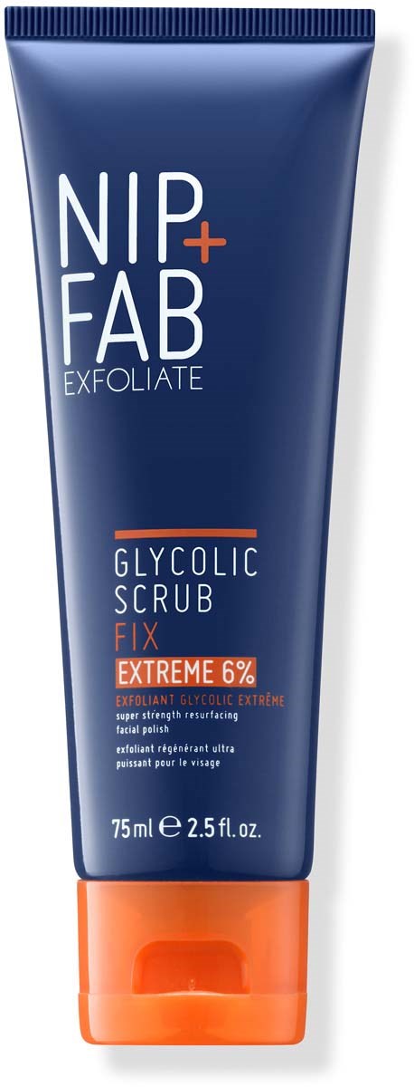 Blauwe tube Nip+Fab Glycolic Scrub met oranje dop, gericht op exfoliëren en huidproblemen oplossen.