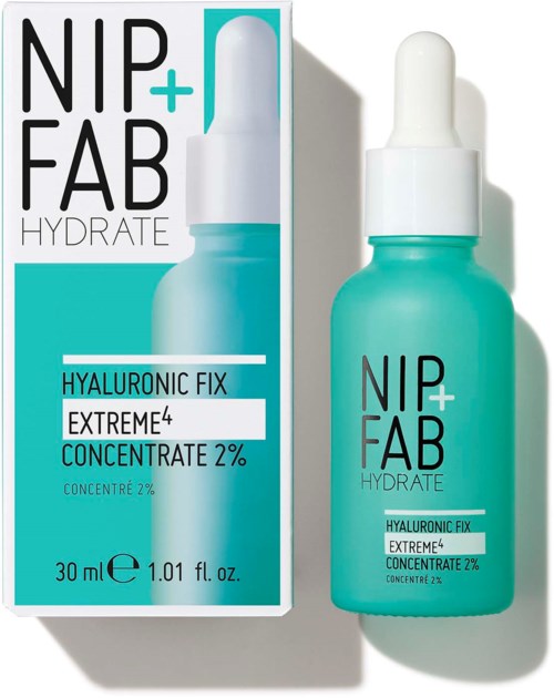 Een huidverzorgingsproduct met pipet, genaamd Nip+Fab Hydrate met hyaluronisch fix en 2% concentraat, 30 ml fles.