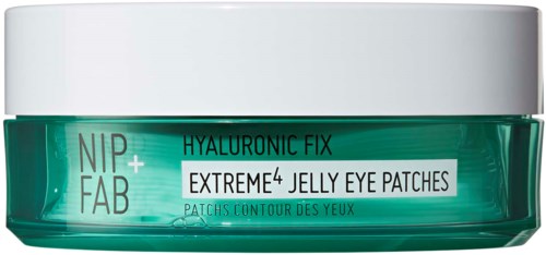 Een pot Nip+Fab Hyaluronic Fix Extreme4 Jelly Eye Patches voor de huid, met witte deksel en turquoise label.